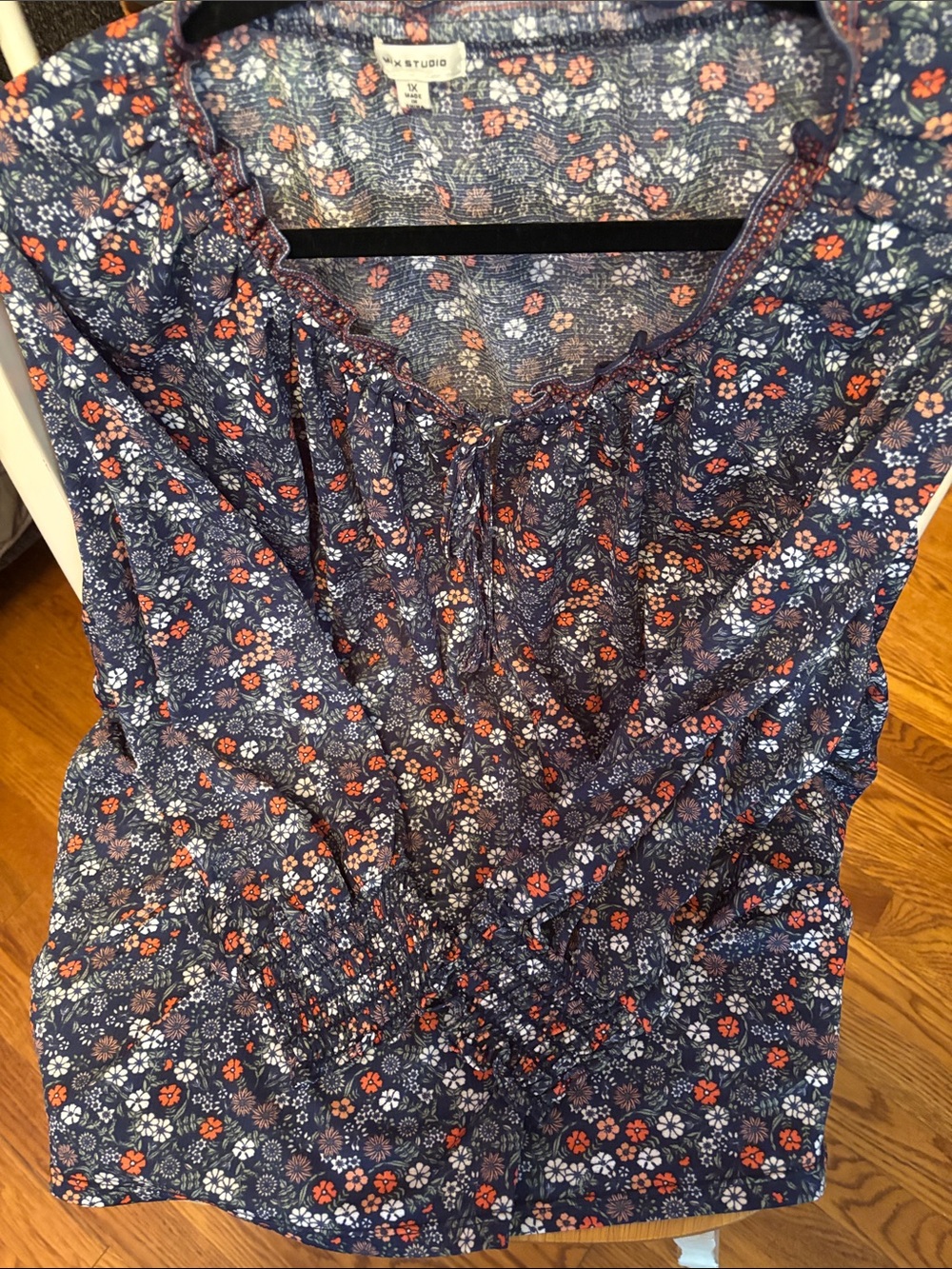 Max Studio Navy Floral Tie-Neck Top with Coral Accents - Picture 6 of 6